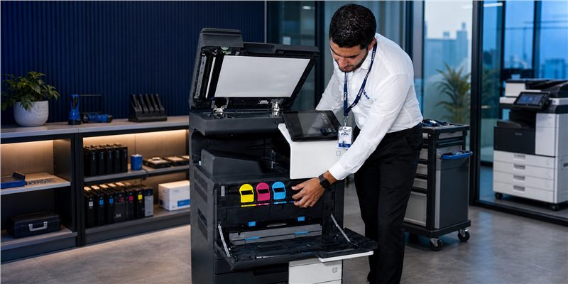 Técnico certificado dando servicio a una impresora